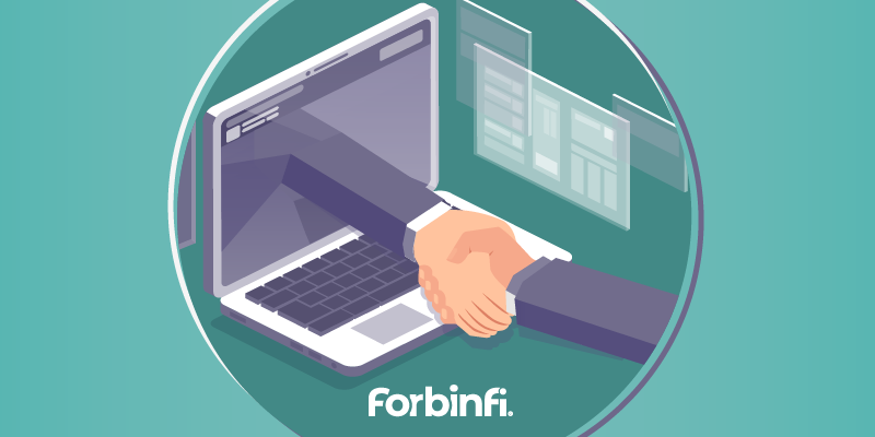 Illustration of hand sticking out of laptop computer screen and shaking hand that is not in the computer