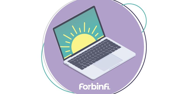 Illustration of laptop with a teal background on the screen and a yellow sun setting graphic on it