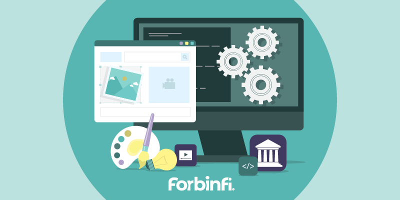 laptop image with website design tools and banking icon