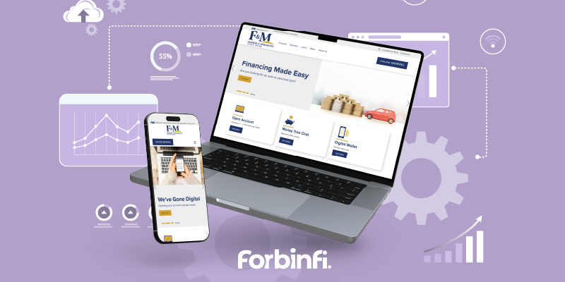 a laptop and smartphone displaying F&M Bank’s website. Laptop shows Financing Made Easy. Smartphone shows ‘We’ve Gone Digital.’