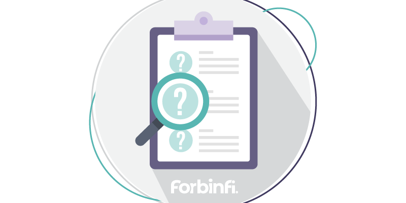 Illustration of clipboard with question marks and magnifying glass bringing one up close