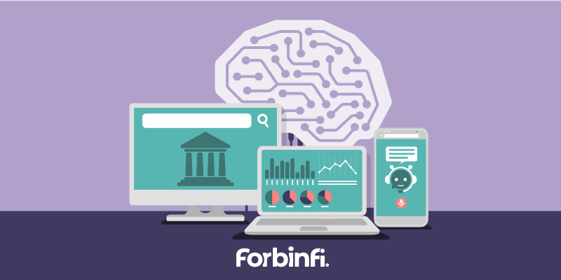 a desktop monitor with a bank icon in a search bar, a laptop showing charts and graphs, and a smartphone with a chatbot icon. A circuit brain appears in the background, symbolizing AI.