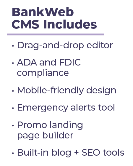 Info card that says BankWeb CMS Includes and has 6 features listed