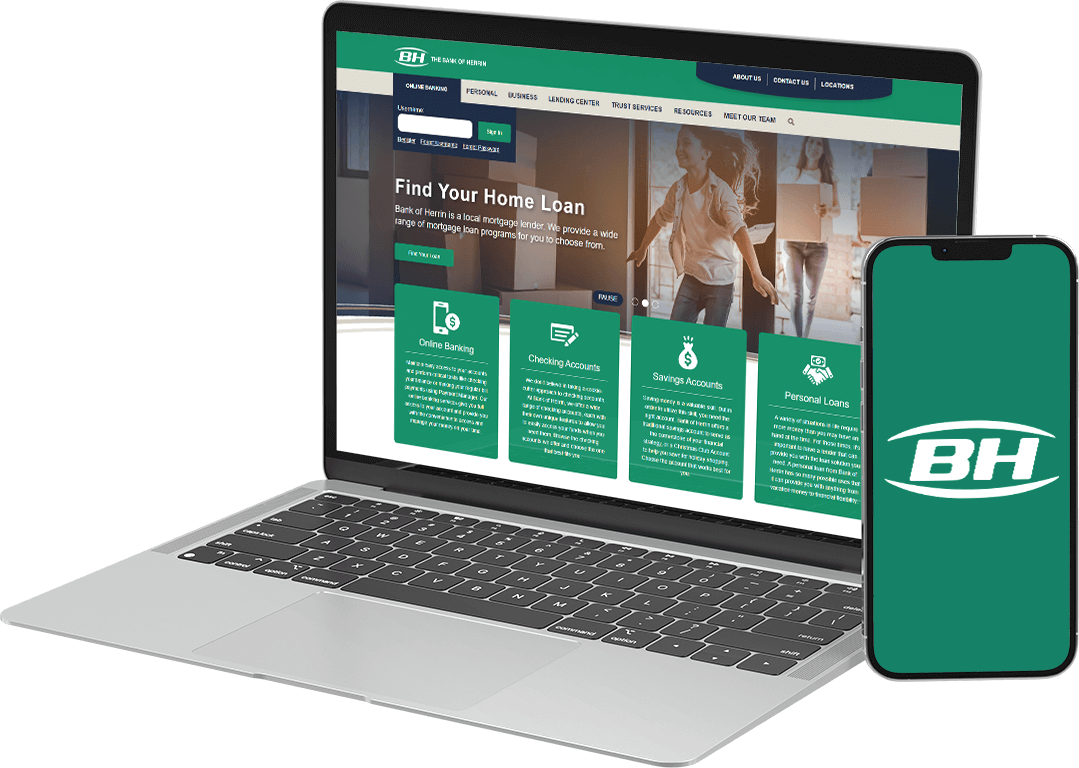 laptop and mobile device with Bank of Herrin website displayed as mockup